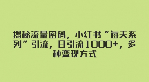 【副业项目8381期】揭秘流量密码，小红书“每天系列”引流，日引流1000+，多种变现方式-副业大全