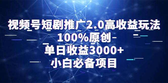 视频号短剧推广2.0高收益玩法，100%原创，单日收益3000+，小白必备项目-副业大全