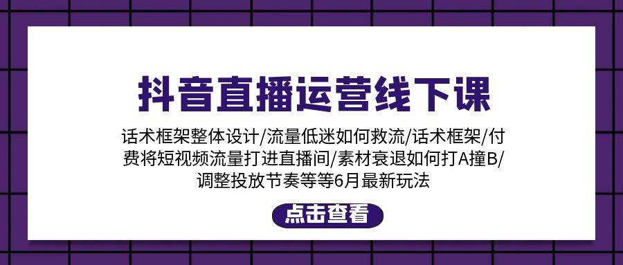 抖音直播运营线下课：话术框架/付费流量直播间/素材A撞B/等6月新玩法-副业大全