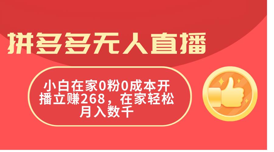 拼多多无人直播，小白在家0粉0成本开播立赚268，在家轻松月入数千-副业大全