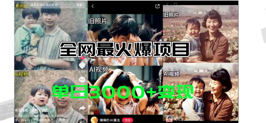 全网爆火的AI让老照片动起来教程，蹭热点日赚3000+，内含免费工具一键…-副业大全