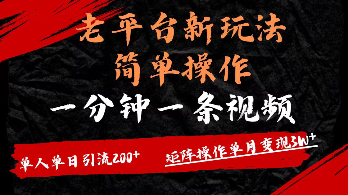 老平台，新玩法，简单操作，一分钟一条视频，单人单人引流200+矩阵操作，单月变现3W-副业大全